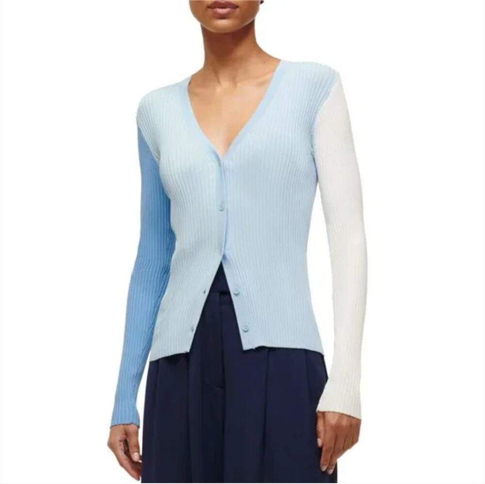Staud Cargo Ribbed Colorblock Cardigan Blue Womens Size XL NWOT